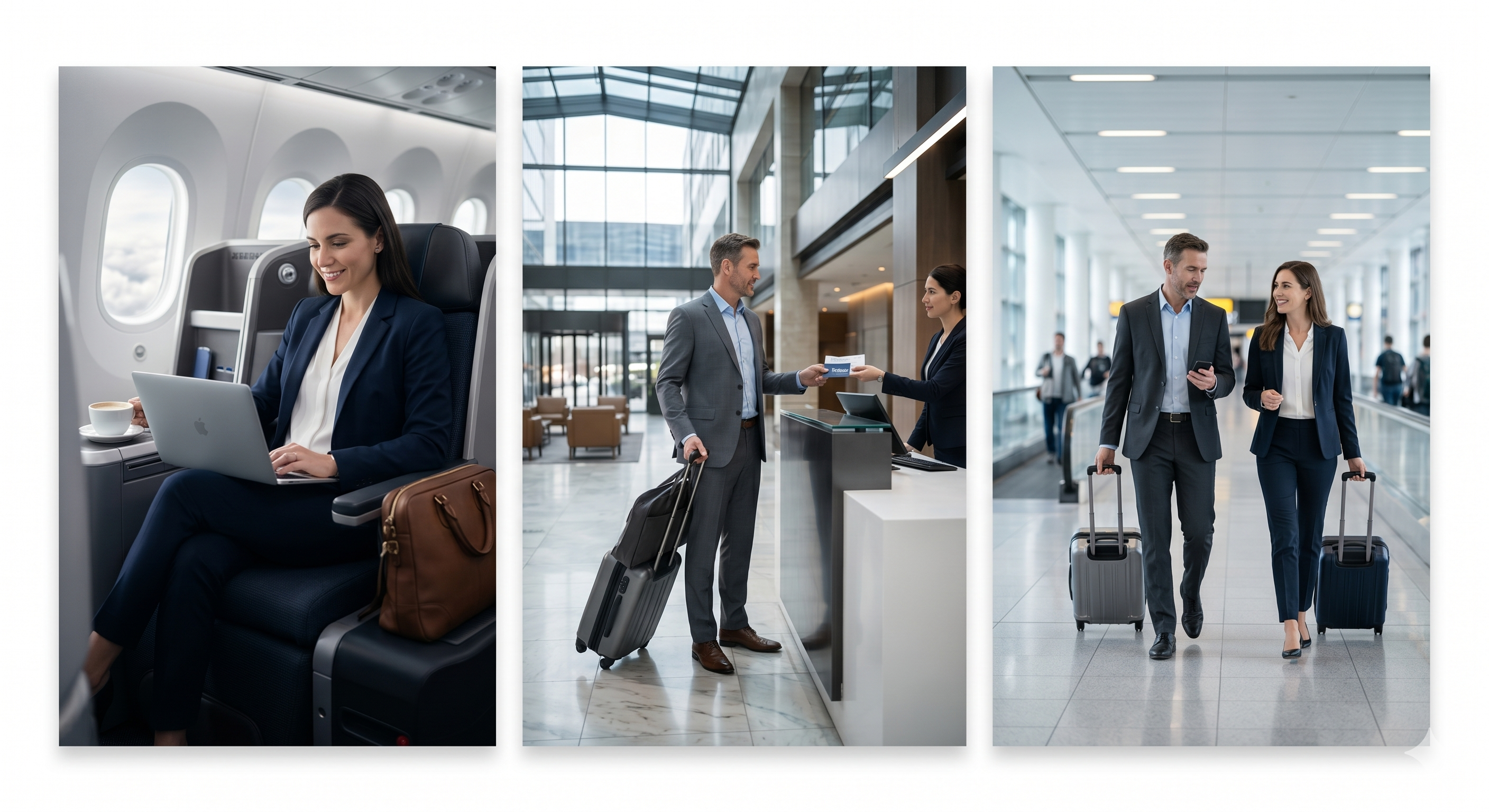 Times Corporate clients travelling — working in-flight, checking in, and walking through an airport terminal.